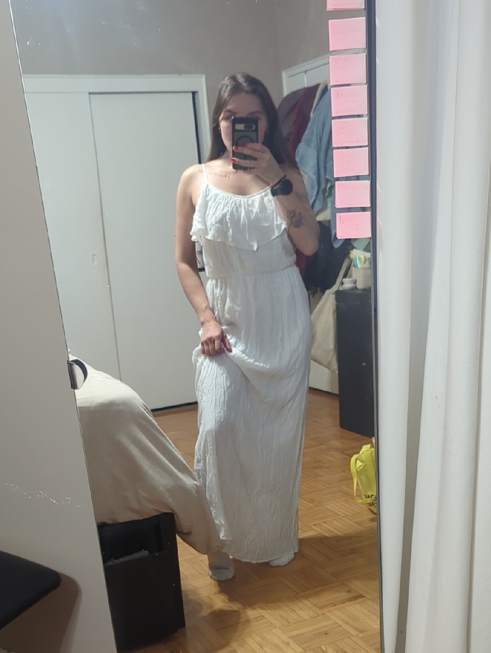AGB White Ruffle Spaghetti-Strap Maxi Dress